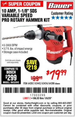 Harbor Freight Coupon BAUER 10 AMP, 1-1/8" SDS VARIABLE SPEED PRO ROTARY HAMMER KIT Lot No. 64287/64288 Expired: 1/6/20 - $79.99