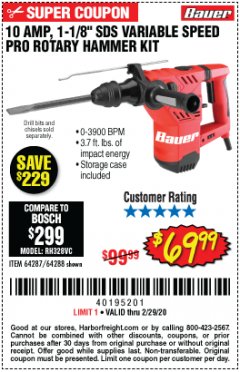 Harbor Freight Coupon BAUER 10 AMP, 1-1/8" SDS VARIABLE SPEED PRO ROTARY HAMMER KIT Lot No. 64287/64288 Expired: 2/29/20 - $69.99