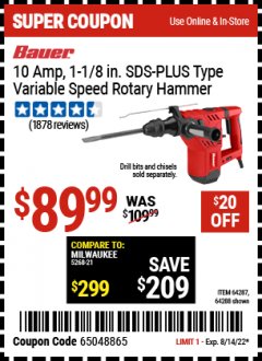 Harbor Freight Coupon BAUER 10 AMP, 1-1/8" SDS VARIABLE SPEED PRO ROTARY HAMMER KIT Lot No. 64287/64288 Expired: 8/18/22 - $89.99