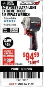 Harbor Freight Coupon 1/2" STUBBY ULTRA-LIGHT EXTREME TORQUE AIR IMPACT WRENCH Lot No. 63534 Expired: 9/1/19 - $94.99