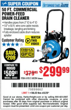 Harbor Freight Coupon 50 FT. COMMERCIAL POWER-FEED DRAIN CLEANER Lot No. 68284/61857 Expired: 6/30/20 - $299.99