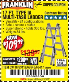 Harbor Freight Coupon 17 FT. TYPE 1A MULTI-TASK LADDER Lot No. 67646/62656/62514/63418/63419/63417 Expired: 1/1/19 - $109.99