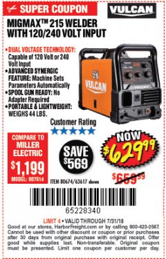 Harbor Freight Coupon VULCAN MIGMAX 215A WELDER Lot No. 63617 Expired: 7/31/18 - $629.99