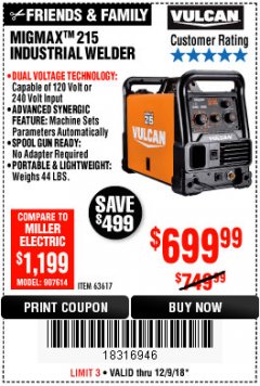 Harbor Freight Coupon VULCAN MIGMAX 215A WELDER Lot No. 63617 Expired: 12/9/18 - $699.99