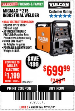 Harbor Freight Coupon VULCAN MIGMAX 215A WELDER Lot No. 63617 Expired: 12/16/18 - $699.99
