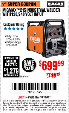 Harbor Freight Coupon VULCAN MIGMAX 215A WELDER Lot No. 63617 Expired: 10/13/19 - $699.99