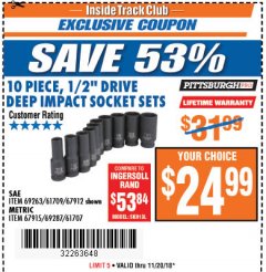 Harbor Freight ITC Coupon 10 PIECE, 1/2" DRIVE IMPACT DEEP SOCKET SETS Lot No. 69263/61709/67912/67915/69287/61707 Expired: 11/20/18 - $24.99