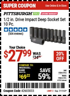 Harbor Freight Coupon 10 PIECE, 1/2" DRIVE IMPACT DEEP SOCKET SETS Lot No. 69263/61709/67912/67915/69287/61707 Expired: 7/17/22 - $27.99