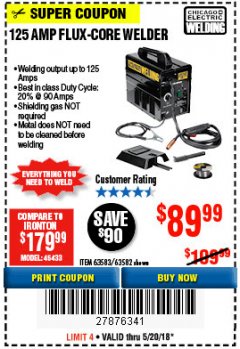 Harbor Freight Coupon 125 AMP FLUX-CORE WELDER Lot No. 63583/63582 Expired: 5/20/18 - $89.99