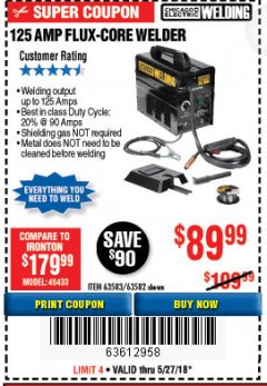 Harbor Freight Coupon 125 AMP FLUX-CORE WELDER Lot No. 63583/63582 Expired: 5/27/18 - $89.99