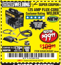 Harbor Freight Coupon 125 AMP FLUX-CORE WELDER Lot No. 63583/63582 Expired: 8/20/18 - $99.99