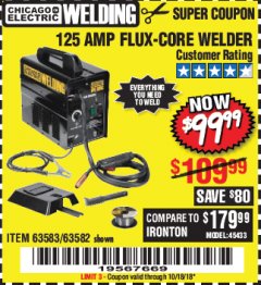 Harbor Freight Coupon 125 AMP FLUX-CORE WELDER Lot No. 63583/63582 Expired: 10/18/18 - $99.99