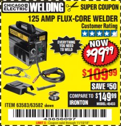 Harbor Freight Coupon 125 AMP FLUX-CORE WELDER Lot No. 63583/63582 Expired: 11/10/18 - $99.99