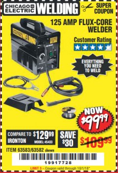 Harbor Freight Coupon 125 AMP FLUX-CORE WELDER Lot No. 63583/63582 Expired: 10/1/18 - $99.99