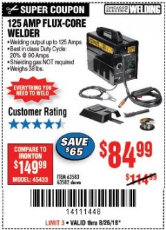 Harbor Freight Coupon 125 AMP FLUX-CORE WELDER Lot No. 63583/63582 Expired: 8/26/18 - $84.99