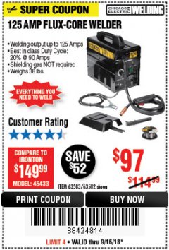 Harbor Freight Coupon 125 AMP FLUX-CORE WELDER Lot No. 63583/63582 Expired: 9/16/18 - $97