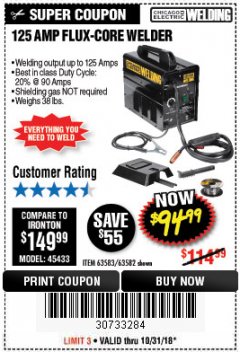 Harbor Freight Coupon 125 AMP FLUX-CORE WELDER Lot No. 63583/63582 Expired: 10/31/18 - $94.99