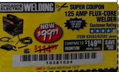 Harbor Freight Coupon 125 AMP FLUX-CORE WELDER Lot No. 63583/63582 Expired: 1/4/19 - $99.99