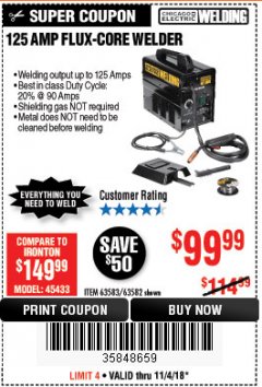 Harbor Freight Coupon 125 AMP FLUX-CORE WELDER Lot No. 63583/63582 Expired: 11/4/18 - $99.99