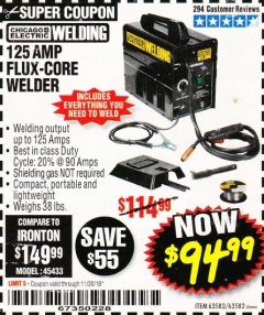 Harbor Freight Coupon 125 AMP FLUX-CORE WELDER Lot No. 63583/63582 Expired: 11/30/18 - $94.99