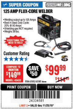 Harbor Freight Coupon 125 AMP FLUX-CORE WELDER Lot No. 63583/63582 Expired: 11/25/18 - $99.99
