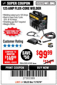 Harbor Freight Coupon 125 AMP FLUX-CORE WELDER Lot No. 63583/63582 Expired: 11/18/18 - $99.99
