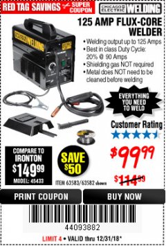 Harbor Freight Coupon 125 AMP FLUX-CORE WELDER Lot No. 63583/63582 Expired: 12/31/18 - $99.99