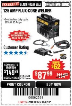 Harbor Freight Coupon 125 AMP FLUX-CORE WELDER Lot No. 63583/63582 Expired: 12/2/18 - $87.99
