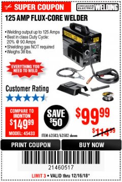 Harbor Freight Coupon 125 AMP FLUX-CORE WELDER Lot No. 63583/63582 Expired: 12/16/18 - $99.99