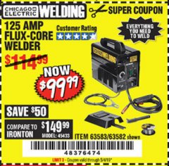 Harbor Freight Coupon 125 AMP FLUX-CORE WELDER Lot No. 63583/63582 Expired: 5/4/19 - $99.99