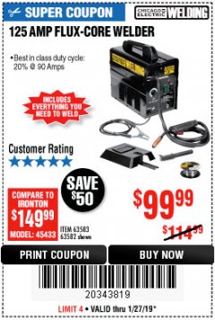 Harbor Freight Coupon 125 AMP FLUX-CORE WELDER Lot No. 63583/63582 Expired: 1/27/19 - $99.99