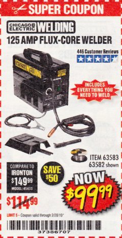 Harbor Freight Coupon 125 AMP FLUX-CORE WELDER Lot No. 63583/63582 Expired: 2/28/19 - $99.99