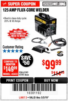Harbor Freight Coupon 125 AMP FLUX-CORE WELDER Lot No. 63583/63582 Expired: 3/3/19 - $99.99