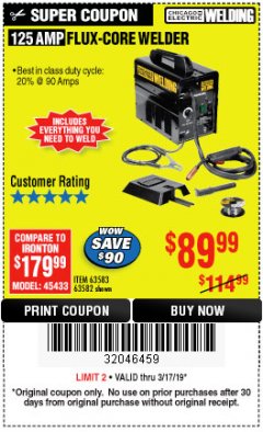 Harbor Freight Coupon 125 AMP FLUX-CORE WELDER Lot No. 63583/63582 Expired: 3/17/19 - $89.99