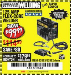 Harbor Freight Coupon 125 AMP FLUX-CORE WELDER Lot No. 63583/63582 Expired: 8/5/19 - $99.99