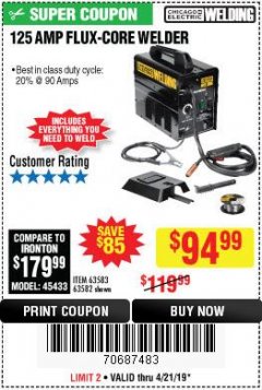 Harbor Freight Coupon 125 AMP FLUX-CORE WELDER Lot No. 63583/63582 Expired: 4/21/19 - $94.99