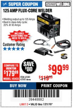Harbor Freight Coupon 125 AMP FLUX-CORE WELDER Lot No. 63583/63582 Expired: 7/21/19 - $99.99