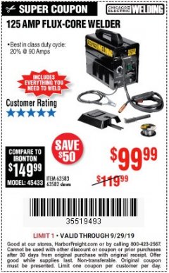 Harbor Freight Coupon 125 AMP FLUX-CORE WELDER Lot No. 63583/63582 Expired: 9/29/19 - $99.99