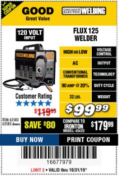 Harbor Freight Coupon 125 AMP FLUX-CORE WELDER Lot No. 63583/63582 Expired: 10/31/19 - $99.99