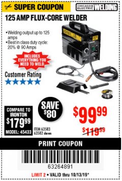 Harbor Freight Coupon 125 AMP FLUX-CORE WELDER Lot No. 63583/63582 Expired: 10/13/19 - $99.99