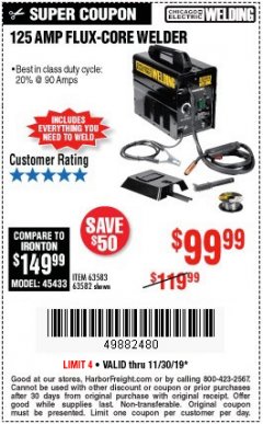 Harbor Freight Coupon 125 AMP FLUX-CORE WELDER Lot No. 63583/63582 Expired: 11/30/19 - $99.99