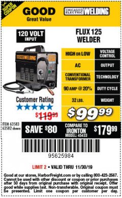 Harbor Freight Coupon 125 AMP FLUX-CORE WELDER Lot No. 63583/63582 Expired: 11/30/19 - $99.99