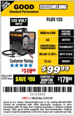 Harbor Freight Coupon 125 AMP FLUX-CORE WELDER Lot No. 63583/63582 Expired: 12/31/19 - $99.99