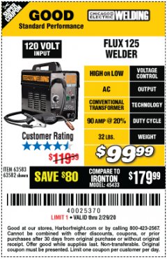 Harbor Freight Coupon 125 AMP FLUX-CORE WELDER Lot No. 63583/63582 Expired: 2/29/20 - $99.99