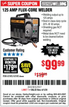 Harbor Freight Coupon 125 AMP FLUX-CORE WELDER Lot No. 63583/63582 Expired: 4/1/20 - $99.99