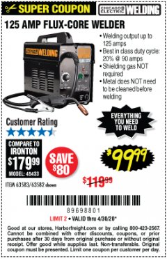 Harbor Freight Coupon 125 AMP FLUX-CORE WELDER Lot No. 63583/63582 Expired: 6/30/20 - $99.99