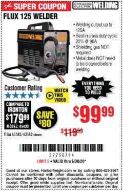 Harbor Freight Coupon 125 AMP FLUX-CORE WELDER Lot No. 63583/63582 Expired: 6/30/20 - $99.99