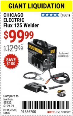 Harbor Freight Coupon 125 AMP FLUX-CORE WELDER Lot No. 63583/63582 Expired: 9/30/20 - $99.99