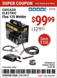 Harbor Freight Coupon 125 AMP FLUX-CORE WELDER Lot No. 63583/63582 Expired: 10/31/20 - $99.99