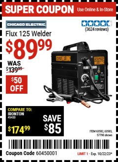 Harbor Freight Coupon 125 AMP FLUX-CORE WELDER Lot No. 63583/63582 Expired: 10/22/23 - $89.99